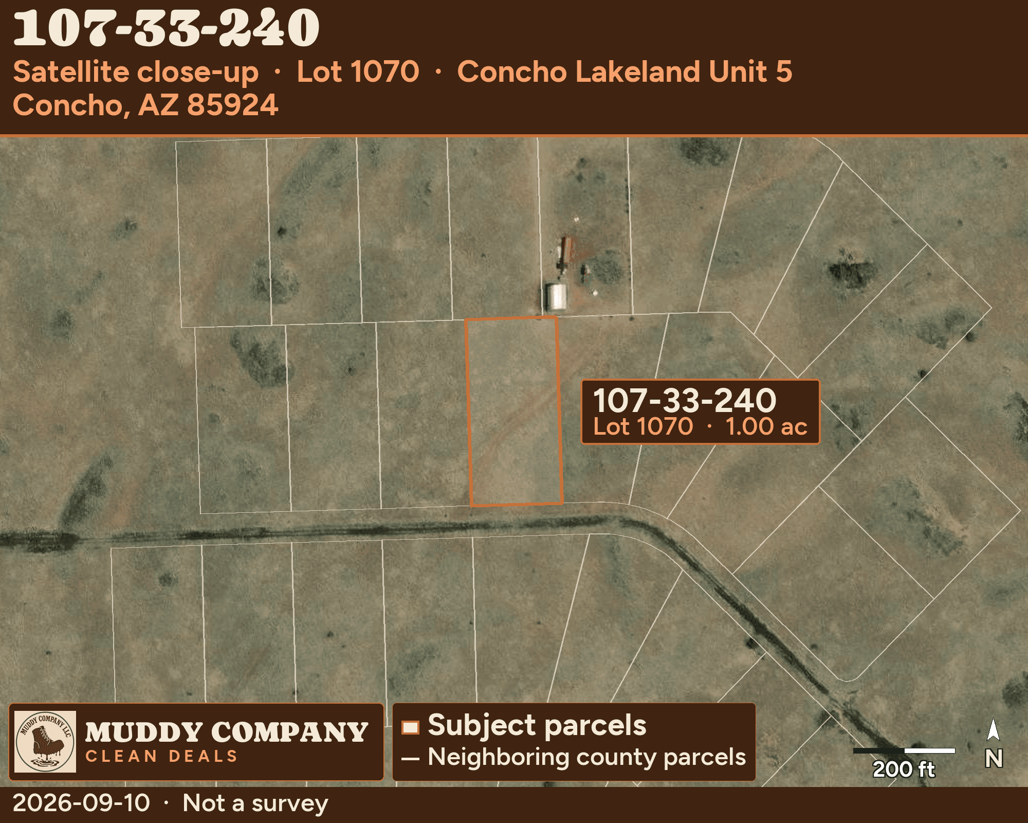 GIS satellite map showing the area around Concho Lakeland Unit 5 Lot 1070.