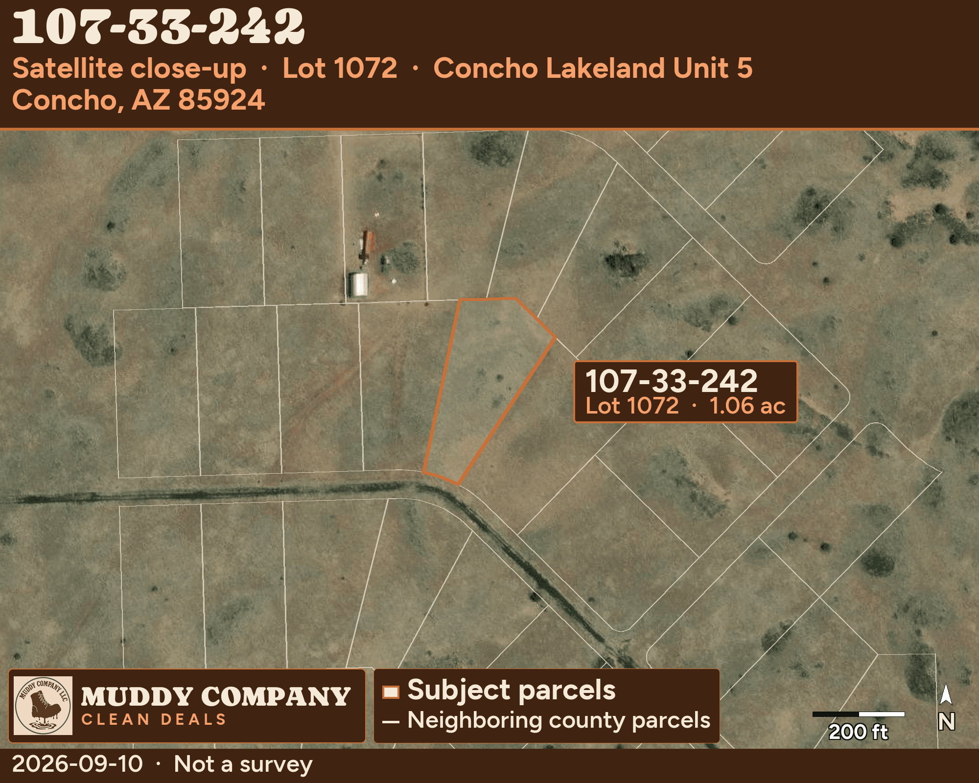 GIS satellite map showing the area around Concho Lakeland Unit 5 Lot 1072.